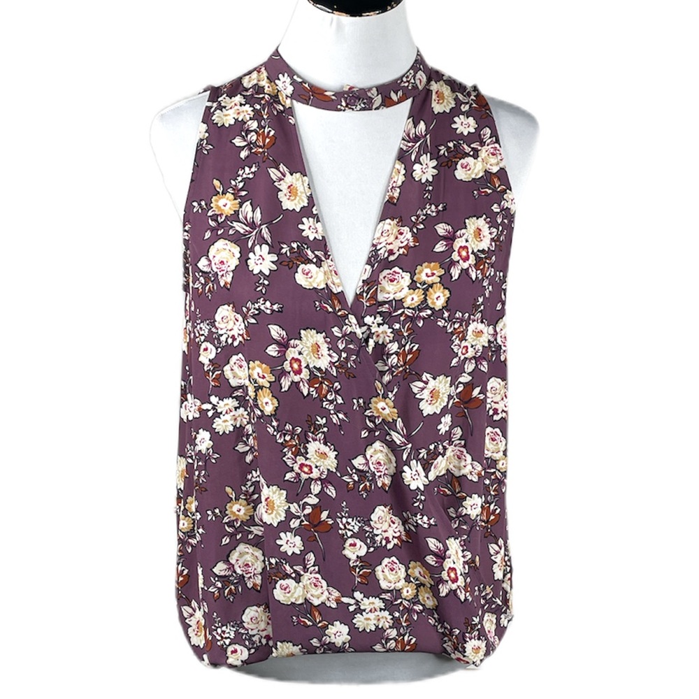 Lush Floral Plunge Neck Sleeveless Blouse, Purple, Medium